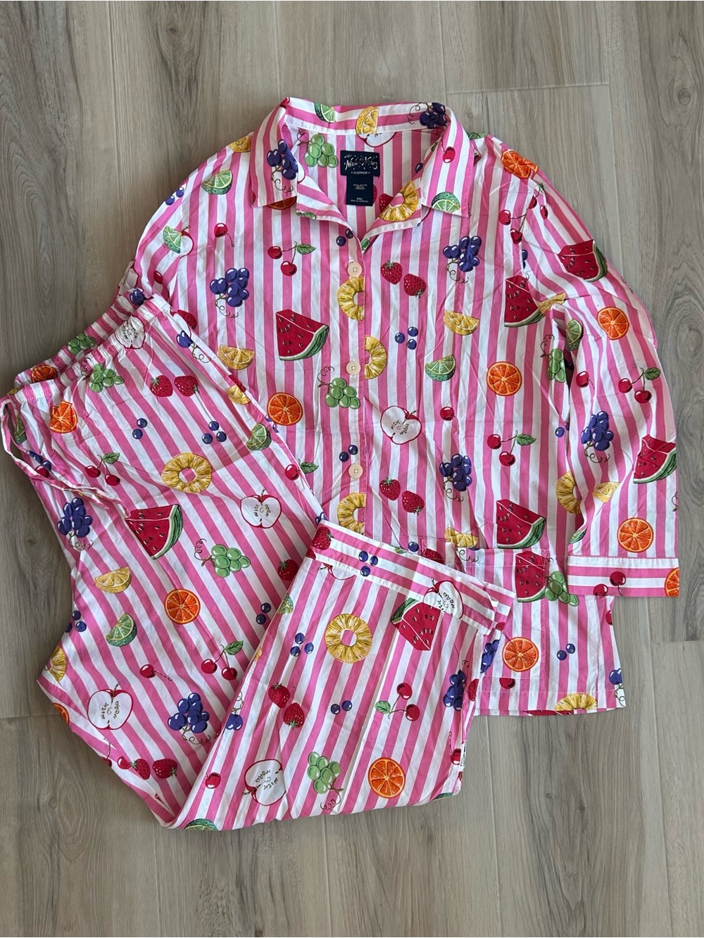 Nick & Nora Sleepwear Pink & White Striped Fruit Pajama Set Size XXL 100% Cotton